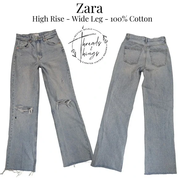 ZARA Wide Leg Jeans Womens 6 100% Cotton Distressed Denim 90's Grunge y2k Preppy - Picture 1 of 12